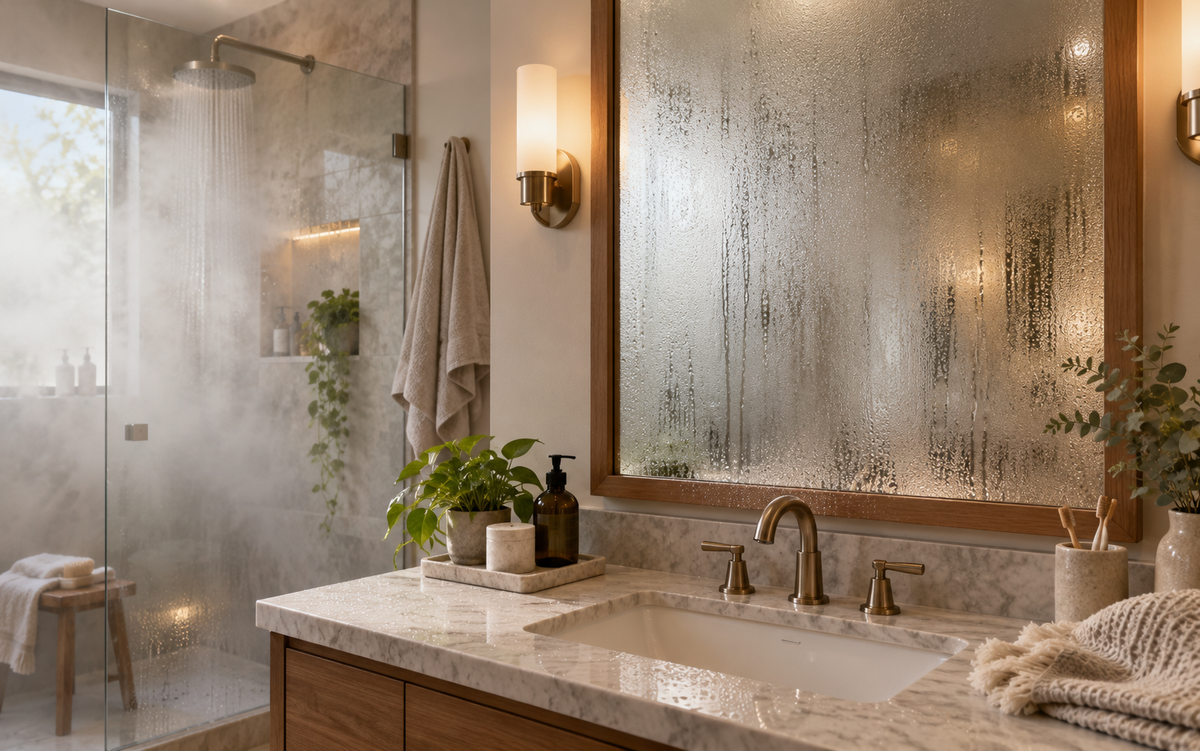 Bathroom mirror covered with condensation after a hot shower
