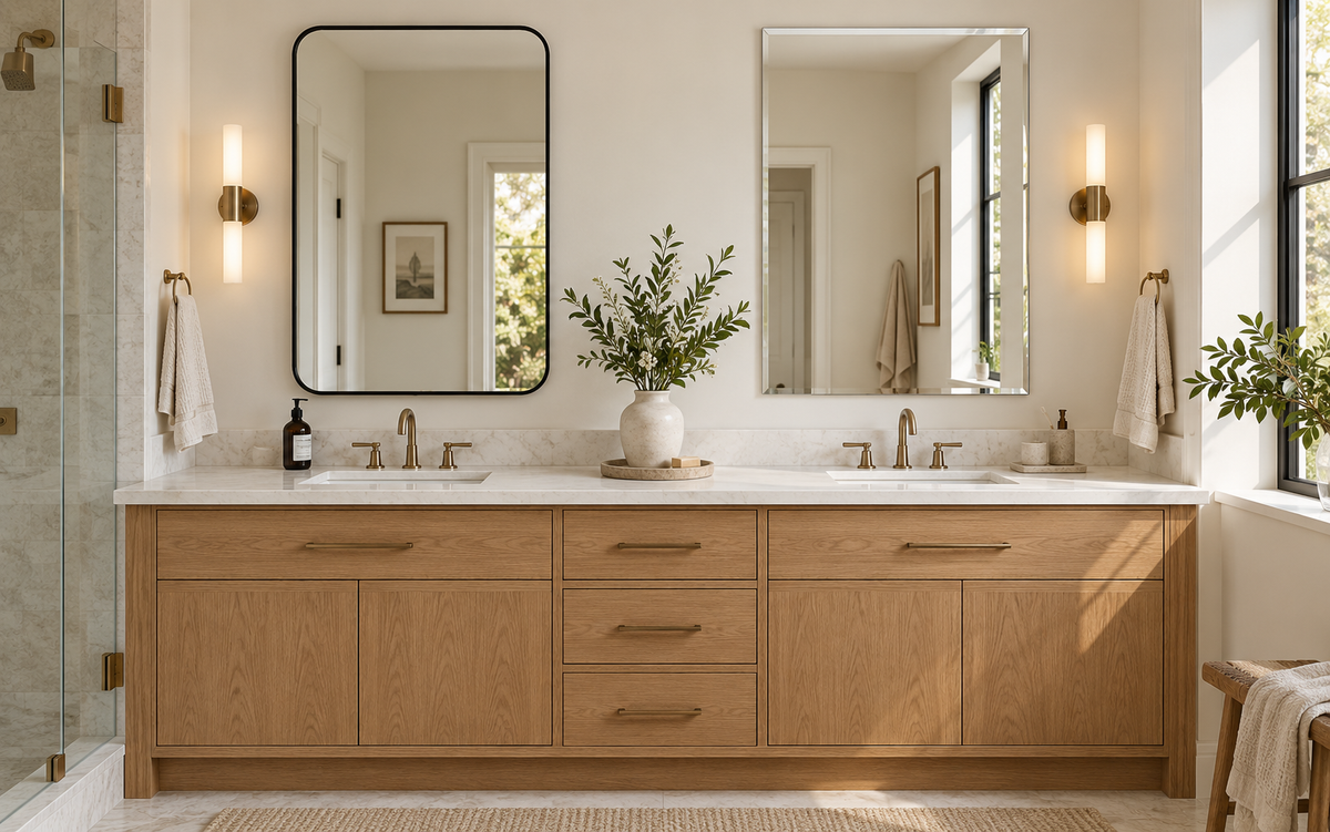 Framed and frameless bathroom mirrors compared above a double vanity