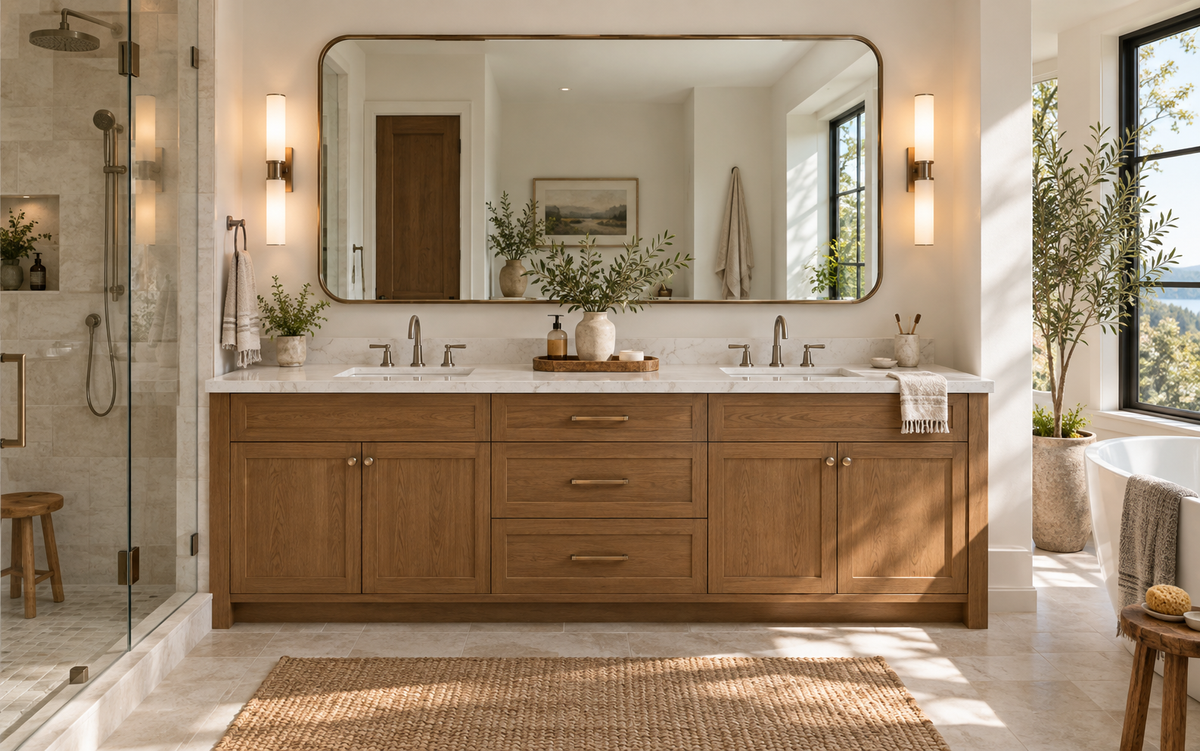 One large framed mirror spanning two sinks on a double vanity