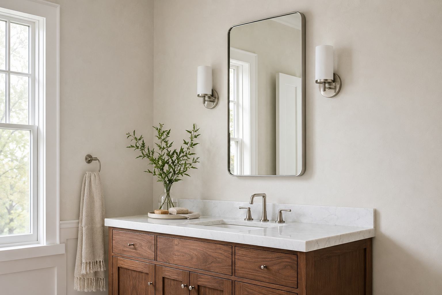 TEHOME framed bathroom mirror installed above a wood vanity with wall sconces