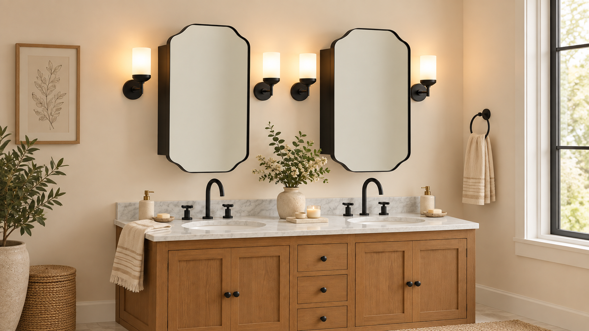 Double bathroom vanity with two black framed mirrored medicine cabinets and wall sconces