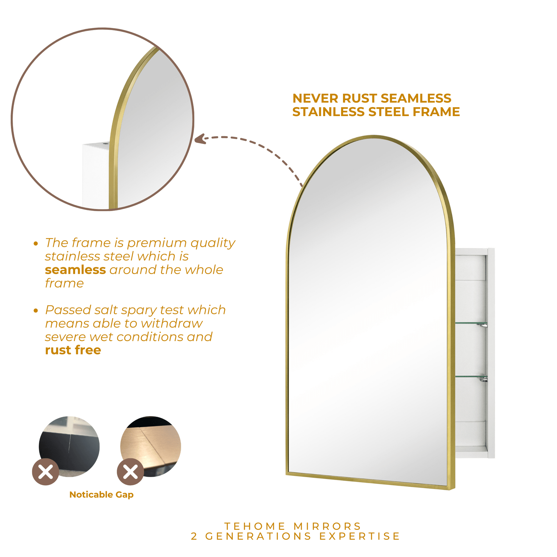 Dake Modern Arch Recessed and Surface Mount Bathroom Medicine Cabinet with Mirrors GC-XB0029 Brushed Gold 24x36" TEHOME