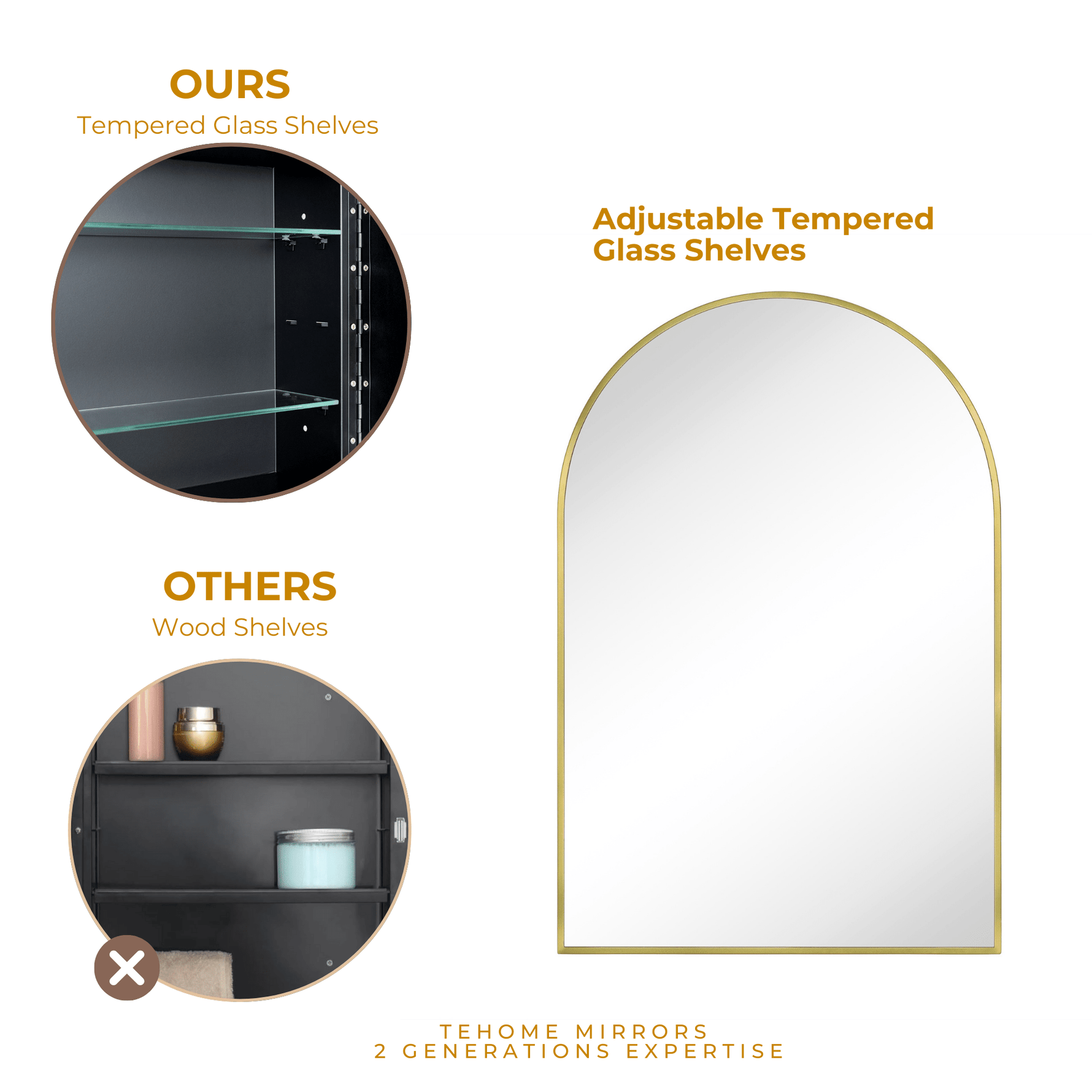 Dake Modern Arch Recessed and Surface Mount Bathroom Medicine Cabinet with Mirrors GC-XB0029 Brushed Gold 24x36" TEHOME