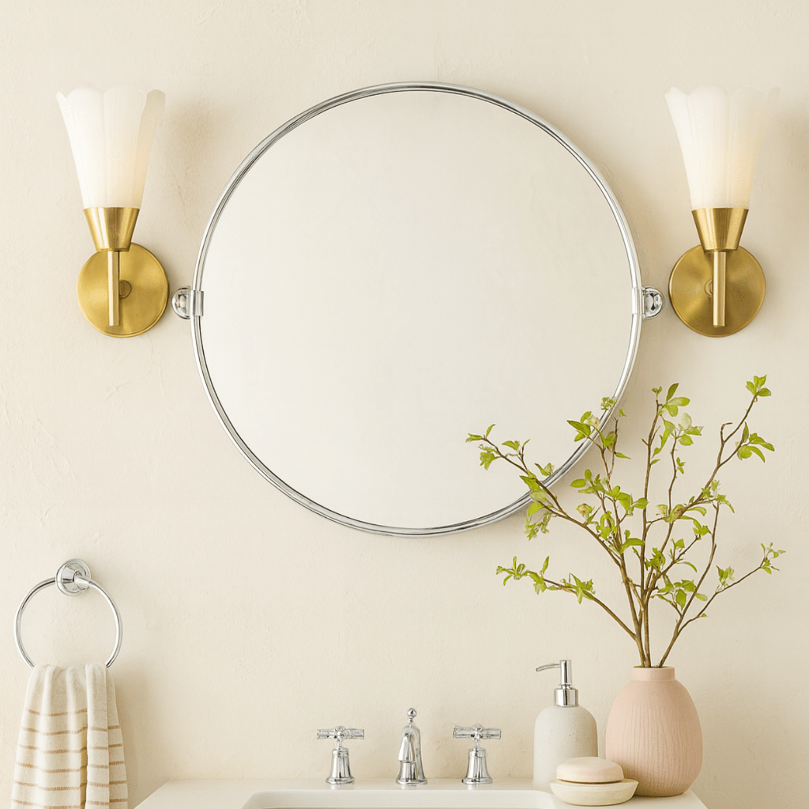 Adlina Farmhouse Round Bathroom Pivot Mirrors GC-00319 Chrome 24x24" TEHOME