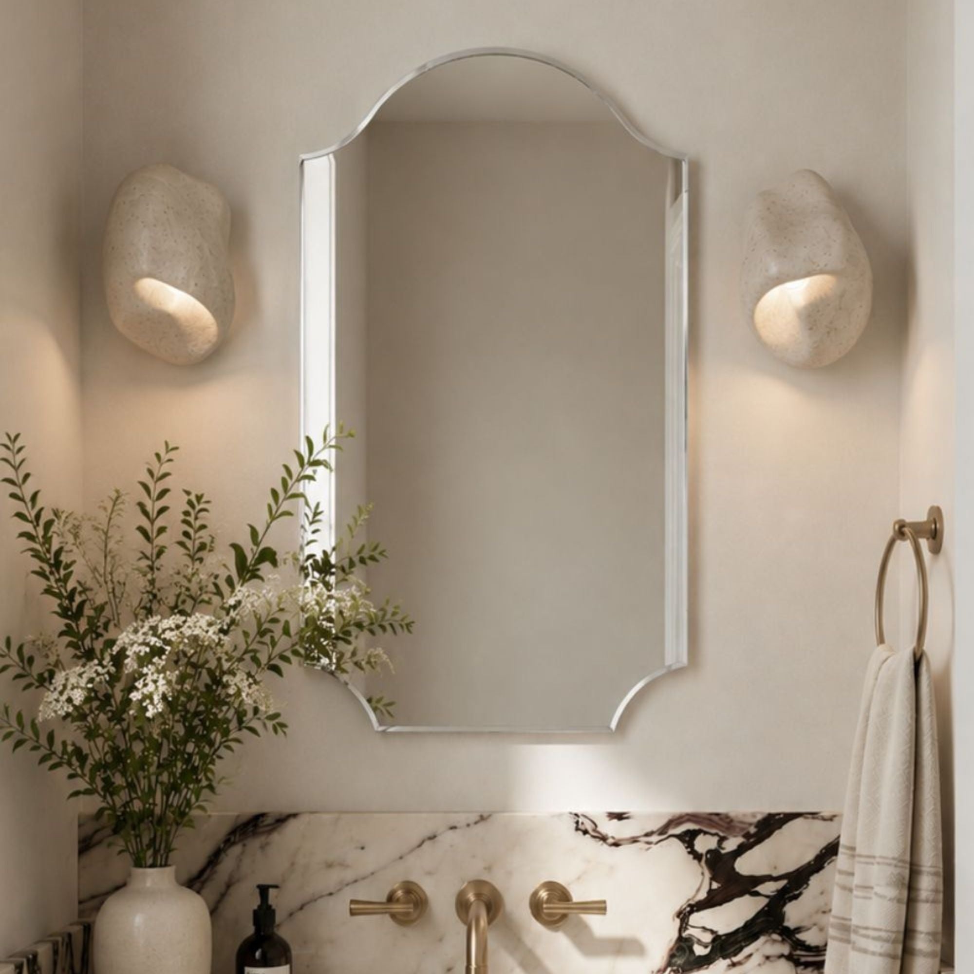 TEHOME Airius 24x32" Polished Nickel Modern Scalloped Arched Wall Mirrors Metal Framed Front View