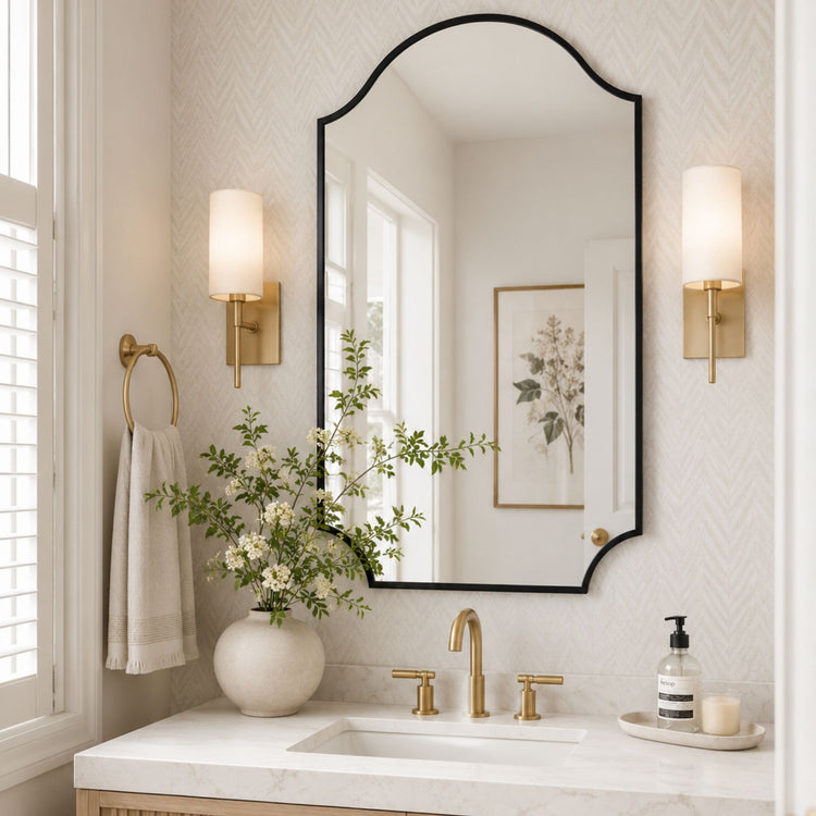 TEHOME Airius Modern Scalloped Arched Wall Mirrors Metal Framed in Matt Black finish, 24"x32"