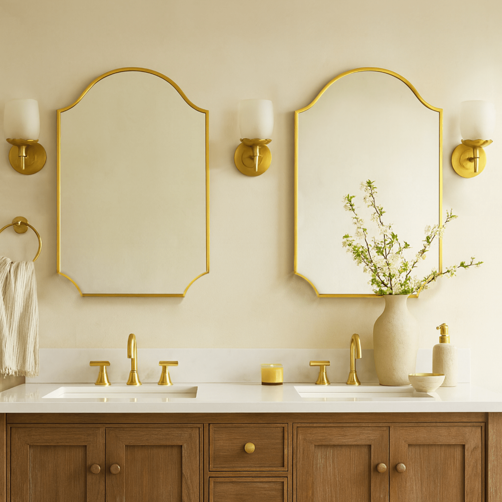 TEHOME Airius Modern Brushed Gold Scalloped Vanity Mirrors for double vanity Bathroom, front view