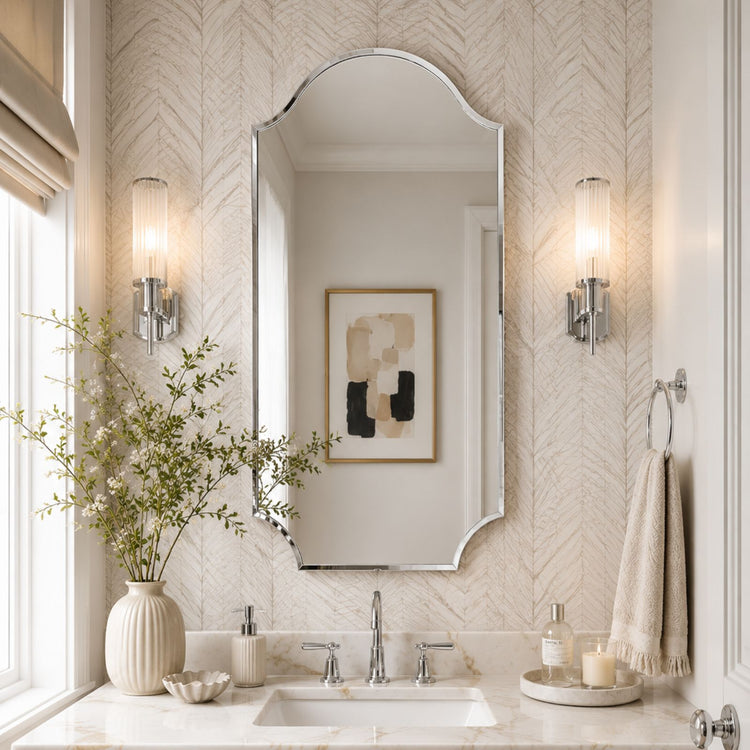 TEHOME Airius Modern Scalloped Arched Wall Mirrors Metal Framed in Polished Nickel  finish, 24"x32"