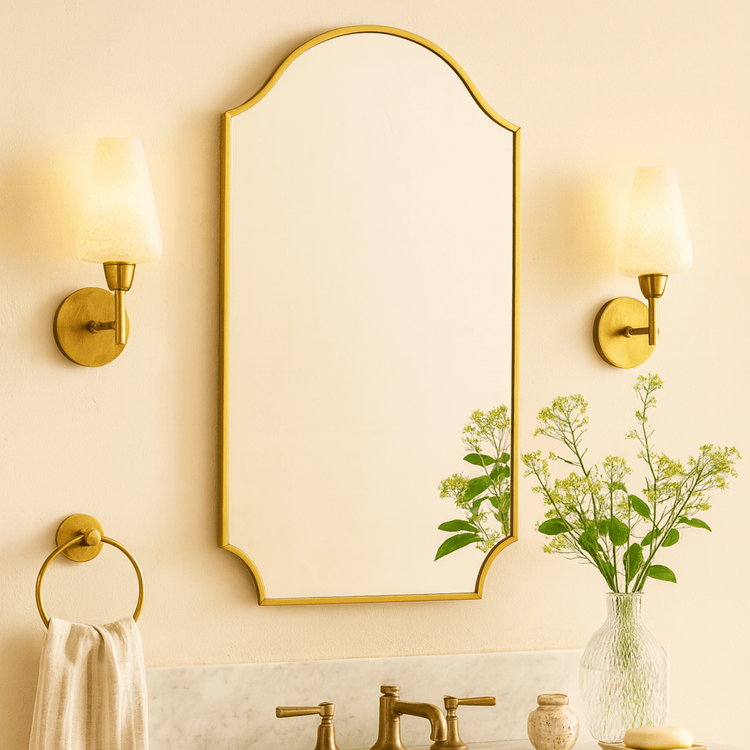 TEHOME Airius Modern Scalloped Arched Wall Mirrors Metal Framed in Brushed Gold finish, 24"x32"