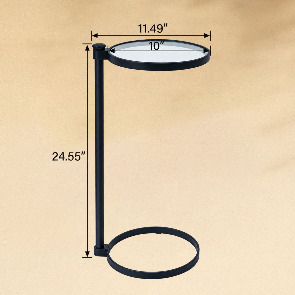 TEHOME Alto C Black Shaped Side Table with Glass Top Front View Dimension