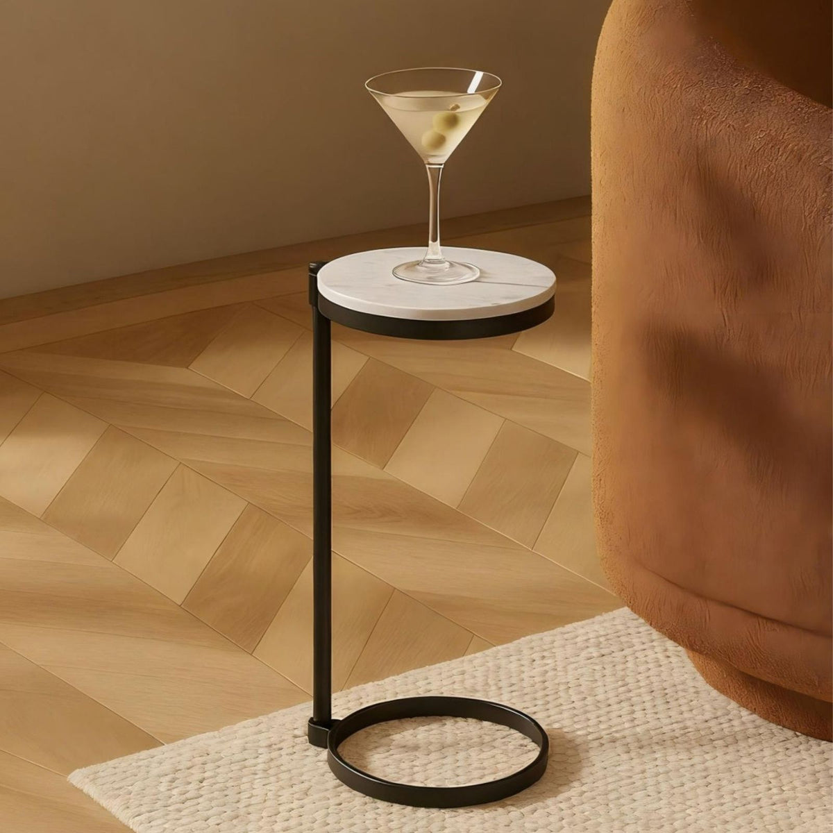 TEHOME Alto C Black Shaped Side Table with Glass Top for living room Front View