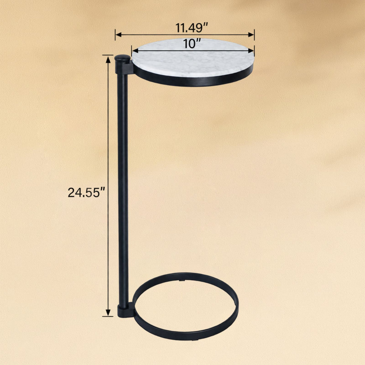 TEHOME Alto C Black Shaped Side Table with Marble Top Front View Dimension