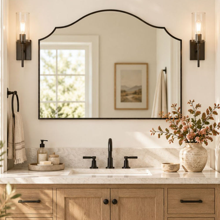 TEHOME Arden 26x36 Black Scalloped Arch Bathroom Mirror Front View