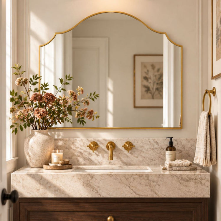 TEHOME Arden 26x36 Brushed Gold Scalloped Arch Bathroom Mirror Front View
