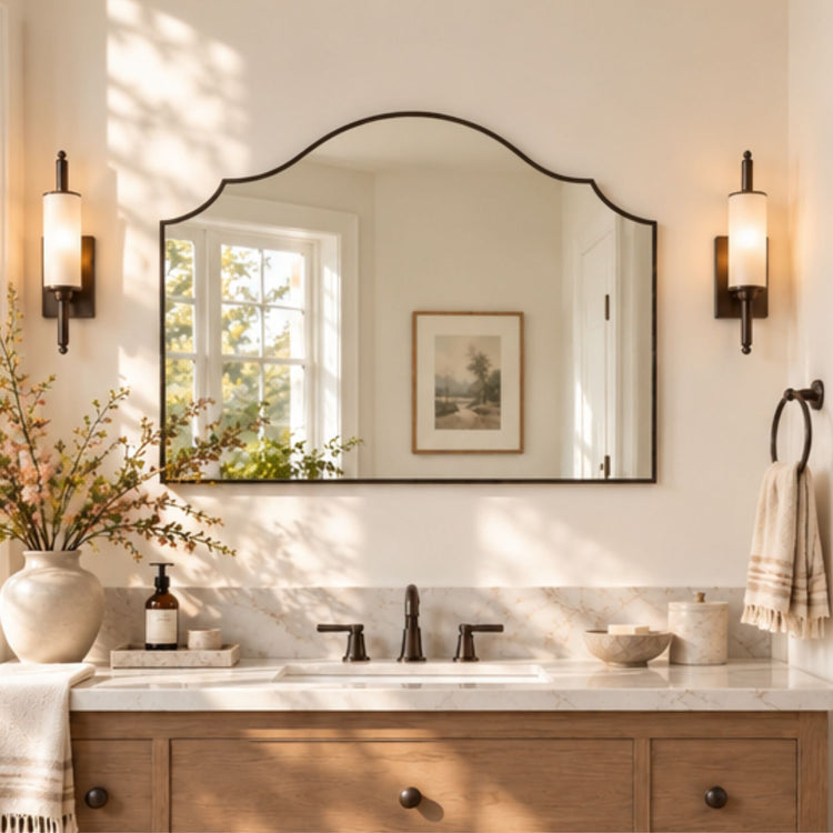 TEHOME Arden 26x36 Oil Rubbed Bronze Scalloped Arch Bathroom Mirror Front View
