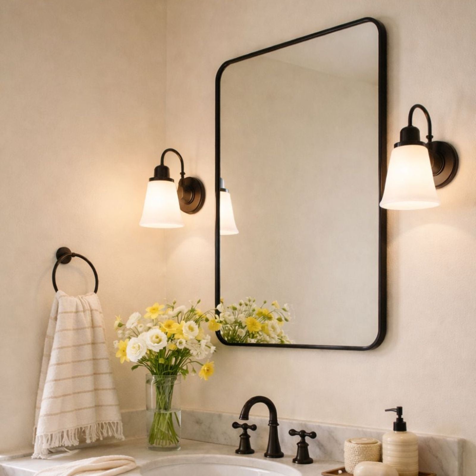 TEHOME Aria Black Modern Rectangle Wall Mirrors with Rounded Corners Side View