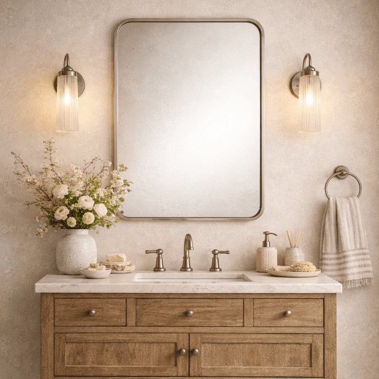 TEHOME Aria Brushed Nickel Modern Rectangle Wall Mirrors with Rounded Corners Front View