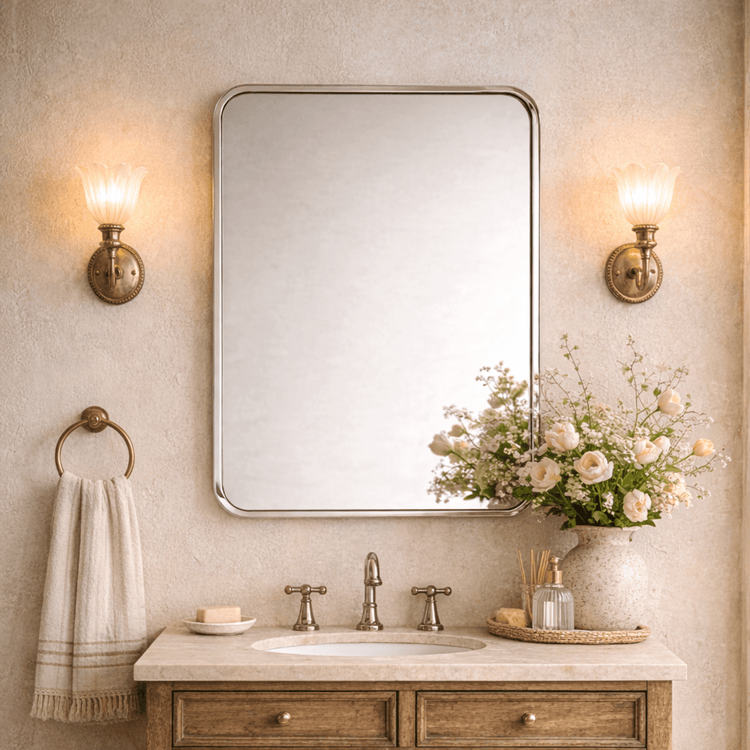 TEHOME Aria Chrome Modern Rectangle Wall Mirrors with Rounded Corners Front View
