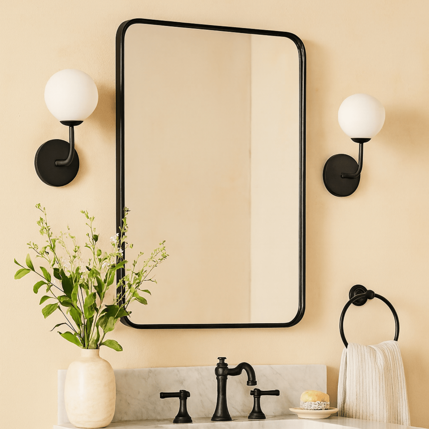 Aria Modern Rectangle Wall Mirrors with Rounded Corners GC-00774 Black 20x28" TEHOME
