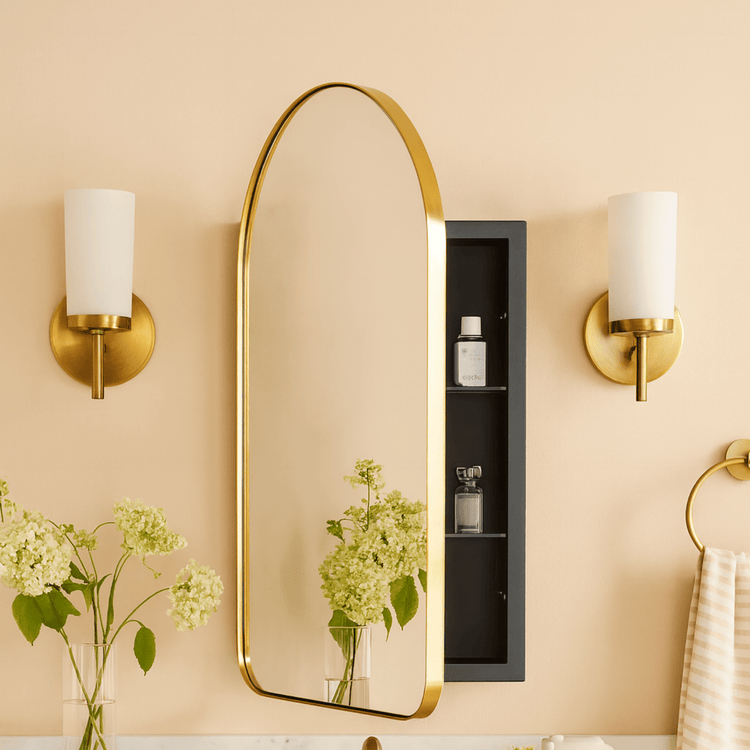 Aristes Modern Arch Recessed Mount Bathroom Medicine Cabinet with Mirrors GC-00591 Brushed Gold 16x28.3" TEHOME