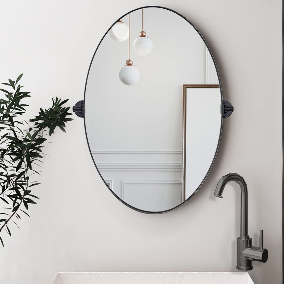 TEHOME Aura Black Modern Oval Bathroom Pivot Mirrors Front View