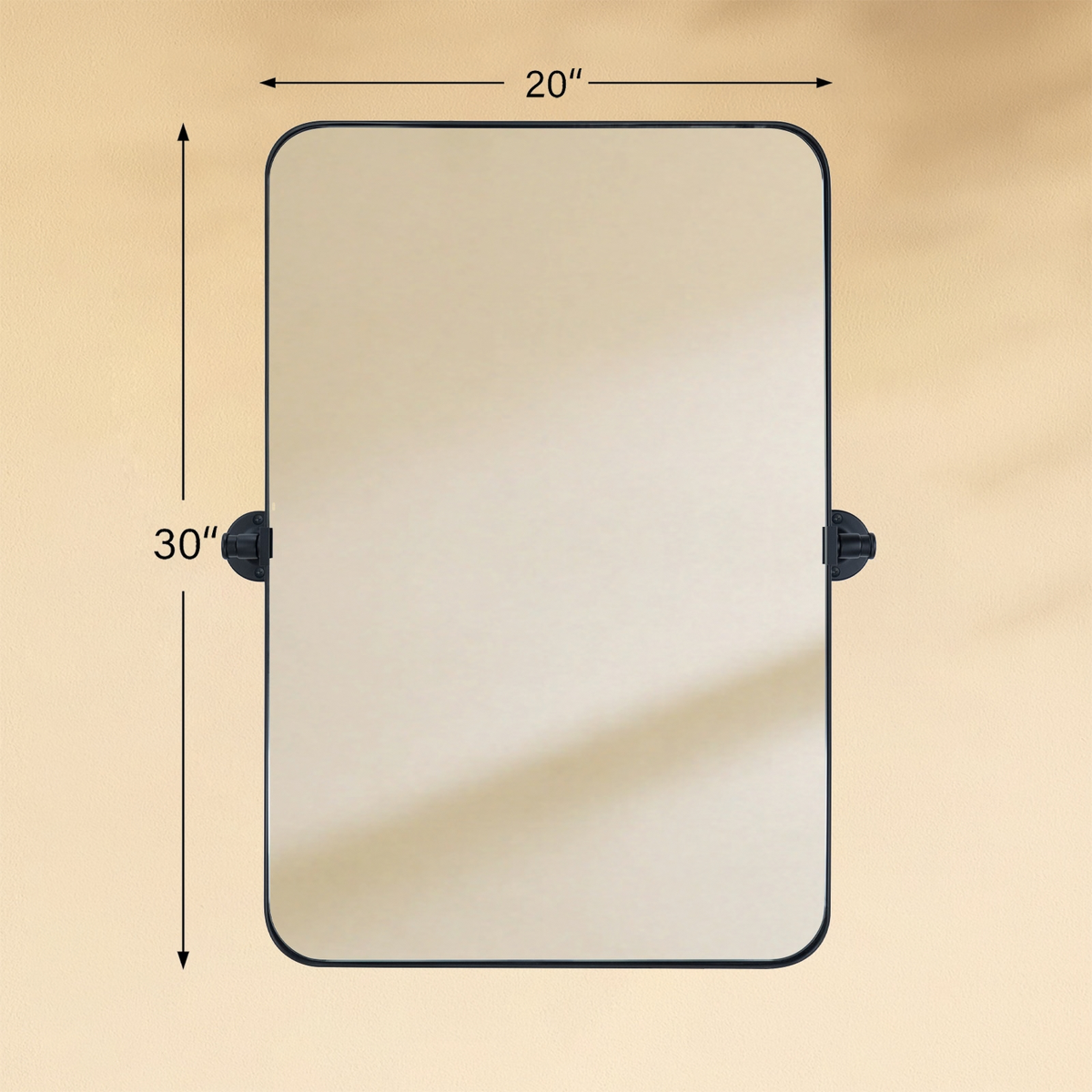 TEHOME Aura Black Modern Rectangle Bathroom Pivot Mirrors with Rounded Corners Front View Dimension