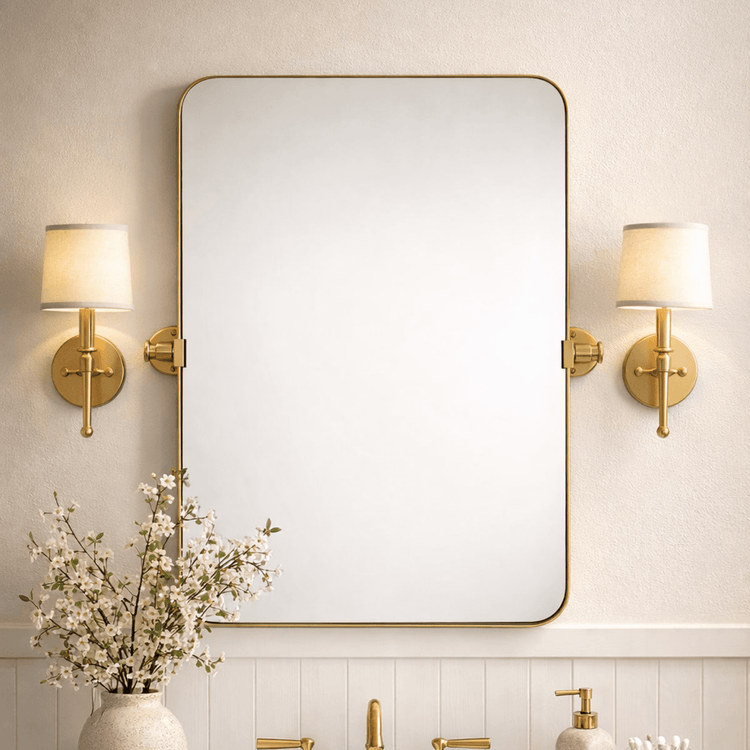 Aura Modern Rectangle Bathroom Pivot Mirrors with Rounded Corners GC-00211 Brushed Gold 20x30" TEHOME