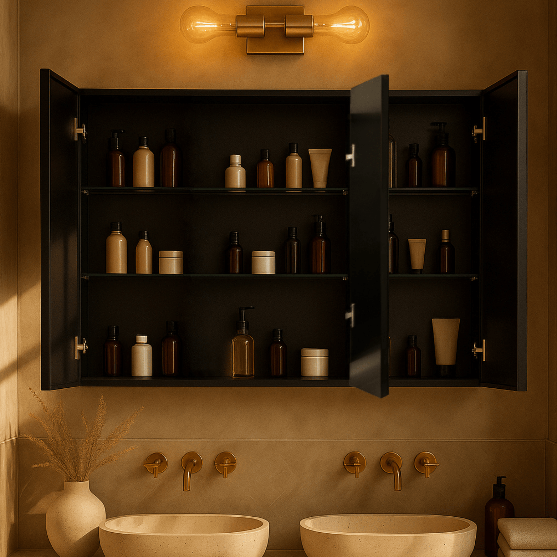 Haven Modern Rectangle Triple Door Recessed and Surface Mount Bathroom Medicine Cabinet with Mirrors GC-XB0049 Black 36x26 TEHOME