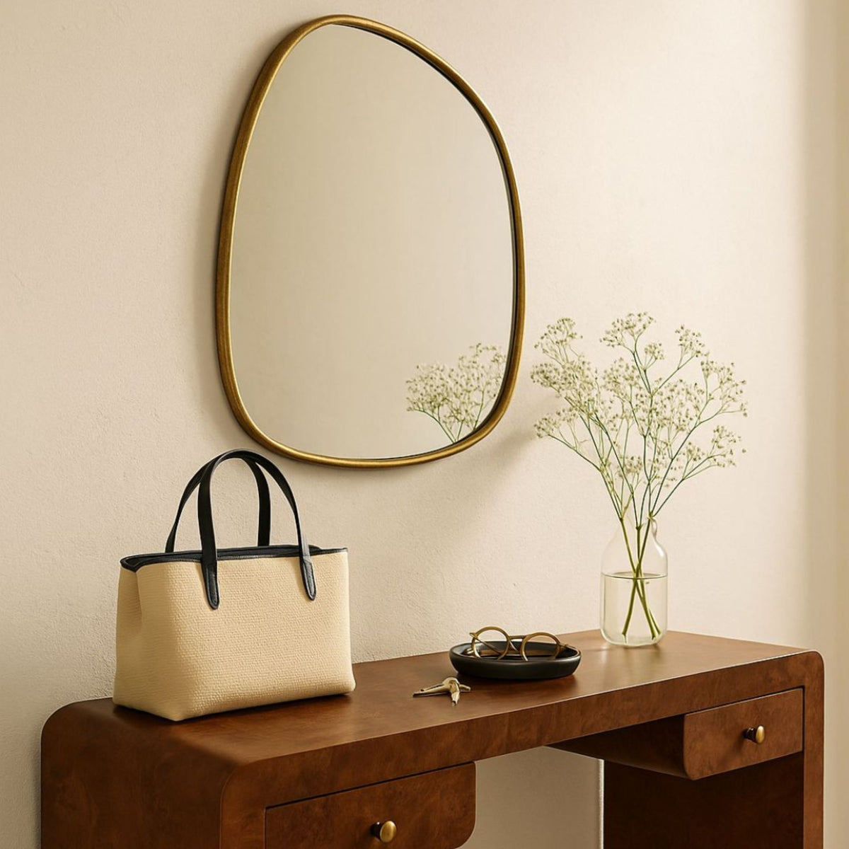 Bertlinde modern irregular wall mirror styled in a contemporary room | TEHOME