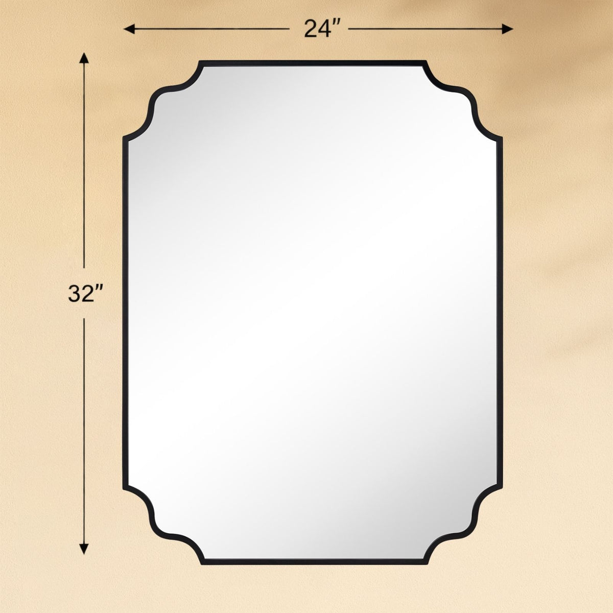 TEHOME Black 24x32 Scalloped Arch Bathroom Vanity Wall Mirror Front View Size
