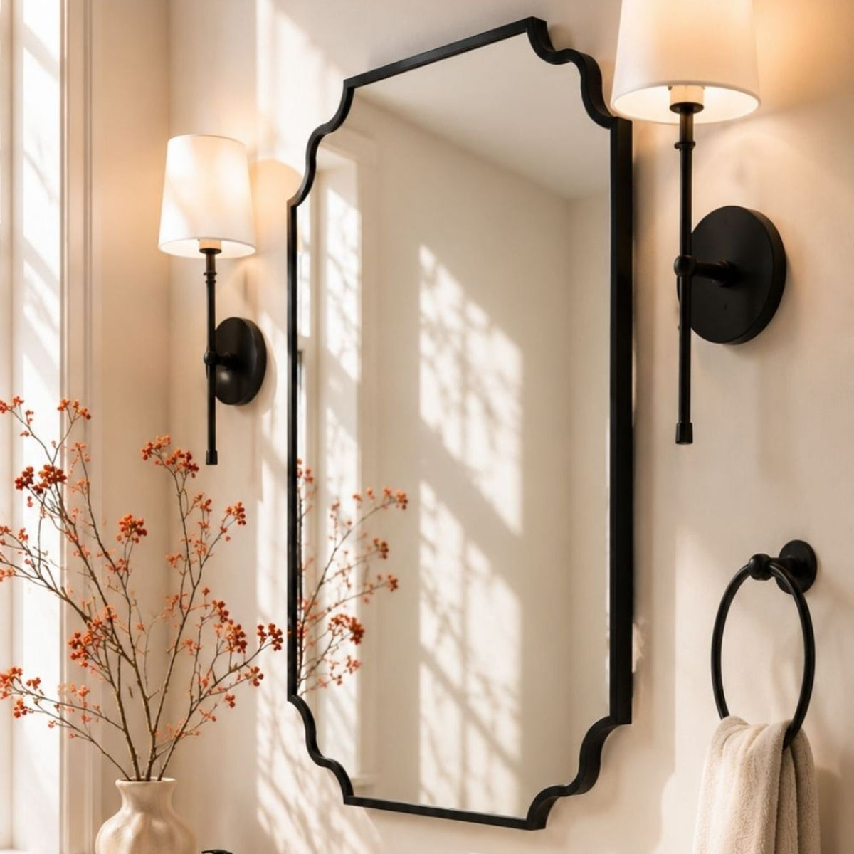 TEHOME Black 24x32 Scalloped Arch Bathroom Vanity Wall Mirror Single Vanity Side View