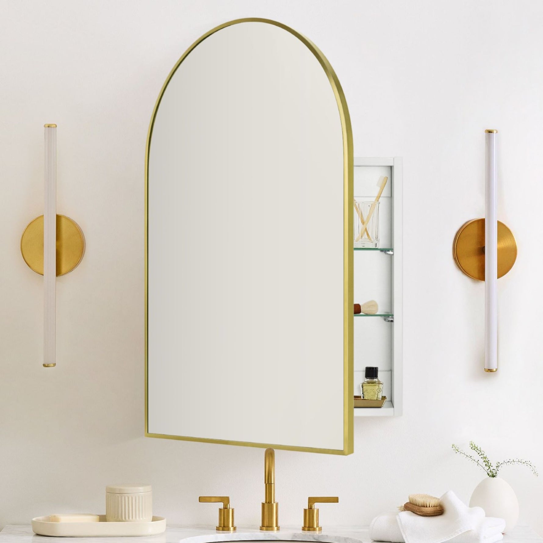 Dake Modern Arch Recessed and Surface Mount Bathroom Medicine Cabinet with Mirrors GC-XB0012 Brushed Gold 20x30" TEHOME