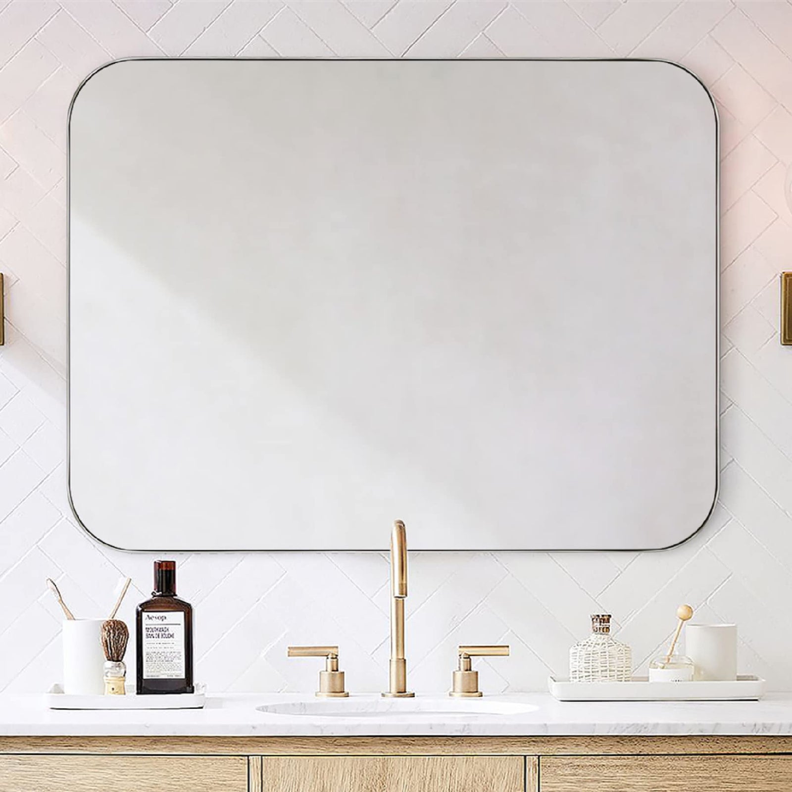 Bellara Mid - Century Rectangle Large Wall Mirrors with Rounded Corners GC-0Y142 Chrome 30x40" TEHOME