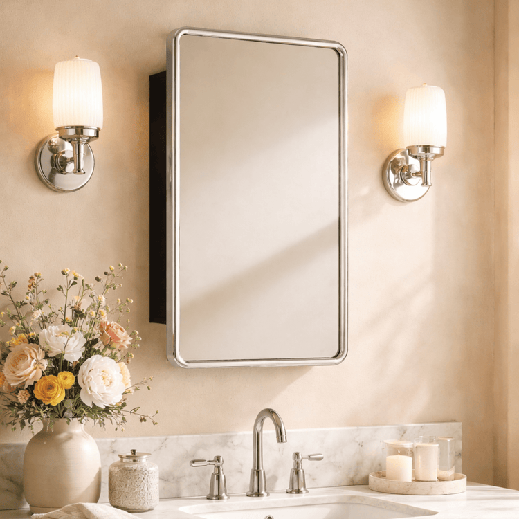 Bryand Farmhouse Rectangle Surface Mount Bathroom Medicine Cabinet with Mirrors GC-00765 Chrome 16x24" TEHOME