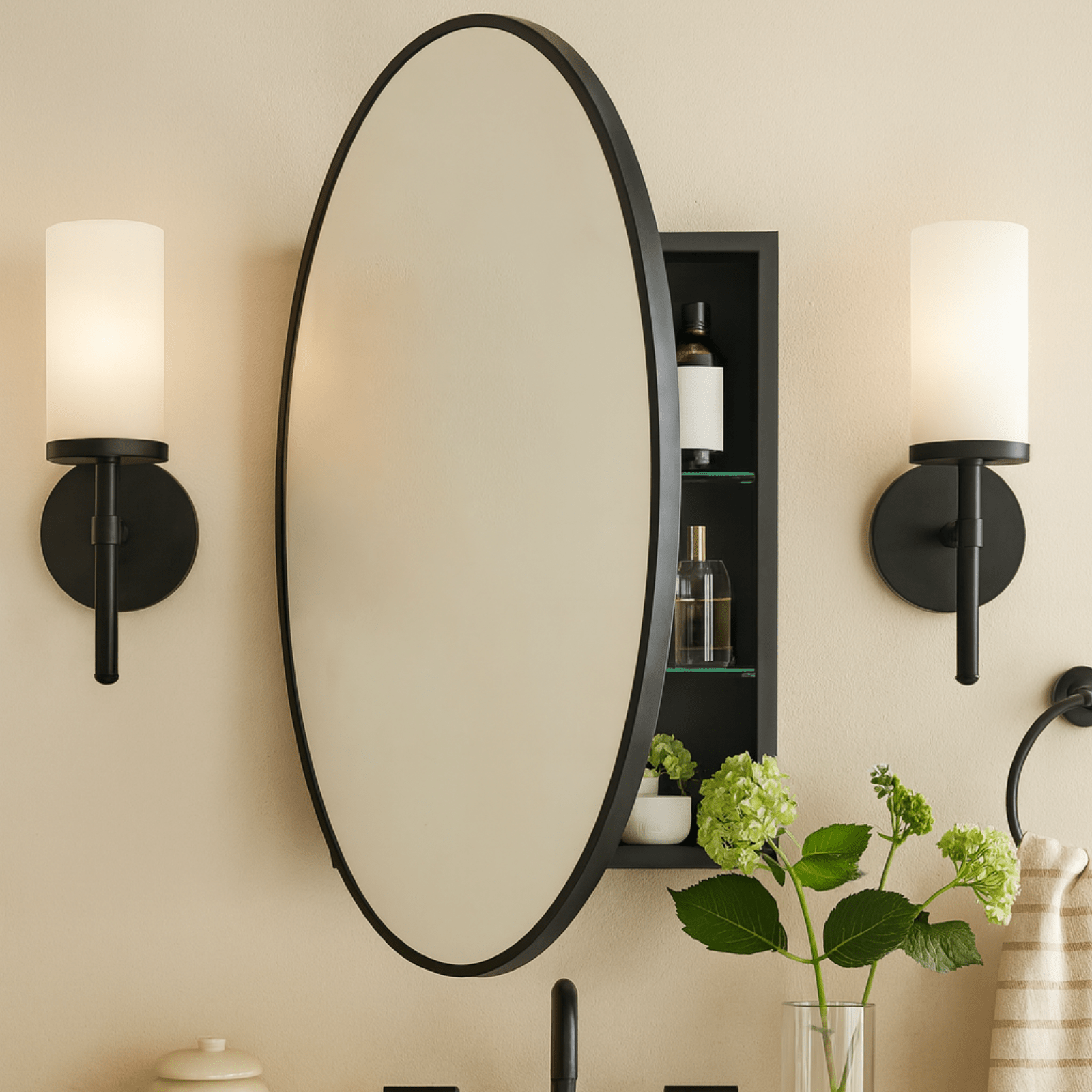 Cedar Modern Oval Surface Mount Bathroom Medicine Cabinet with Mirrors, 20x30" in Black GC-XB0022 Black 20''X 30'' TEHOME