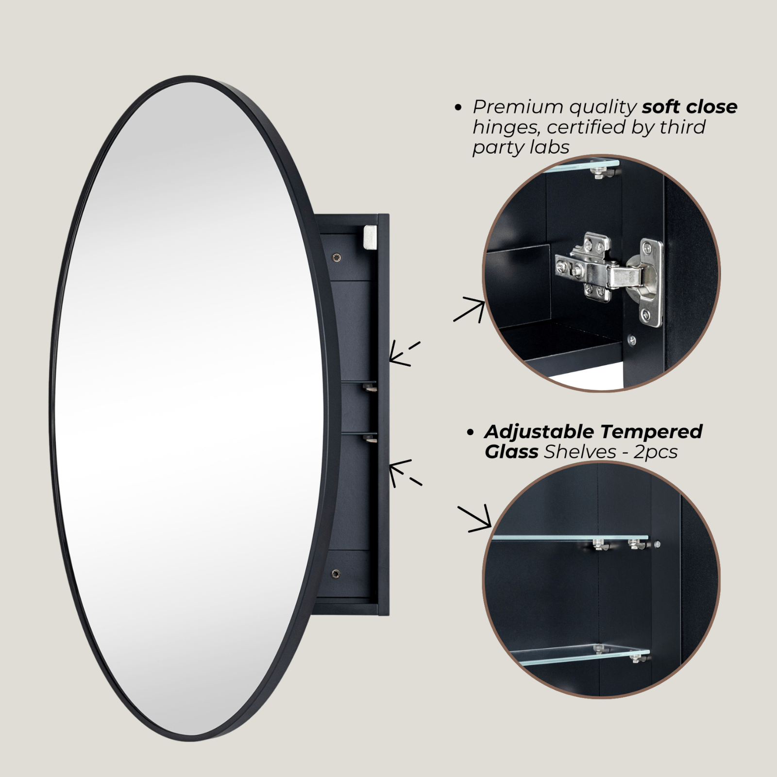 Cedar Modern Oval Surface Mount Bathroom Medicine Cabinet with Mirrors, 20x30" in Black GC-XB0022 Black 20''X 30'' TEHOME