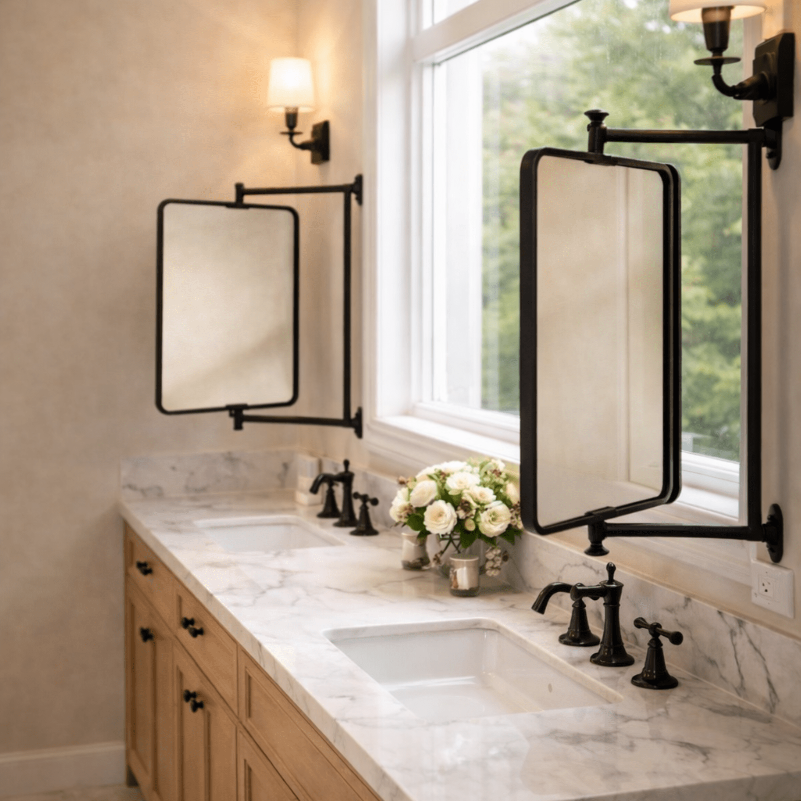 Correon farmhouse black rectangle pivot bathroom mirror with rounded corners | TEHOME