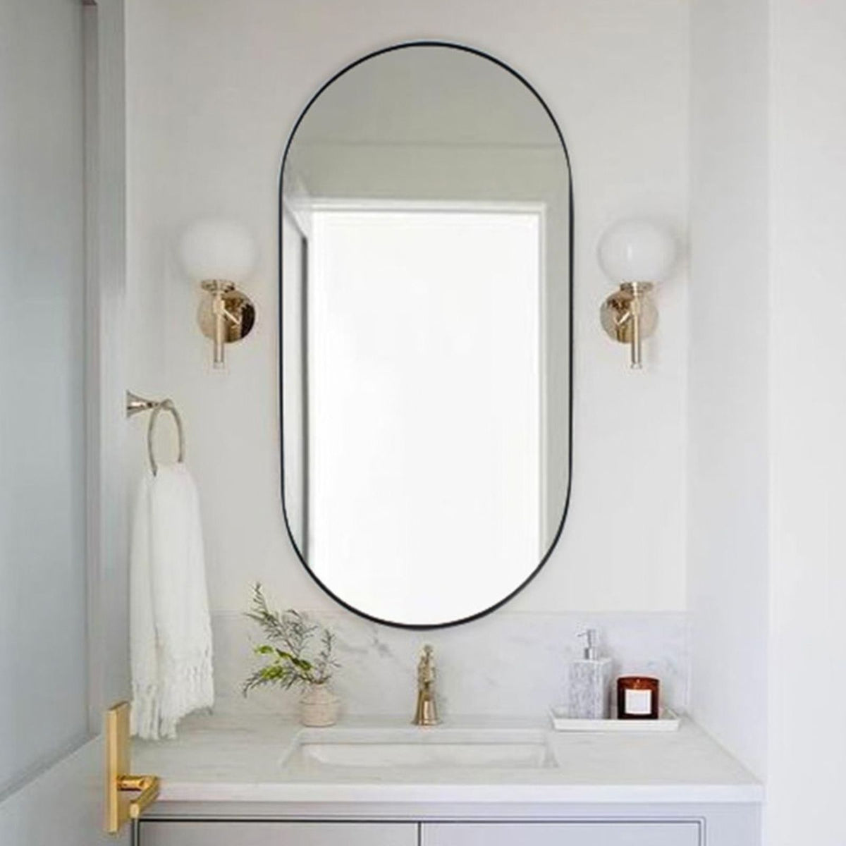 TEHOME Cristos 20x40" Black Mid-century Pill Bathroom Mirrors Front View