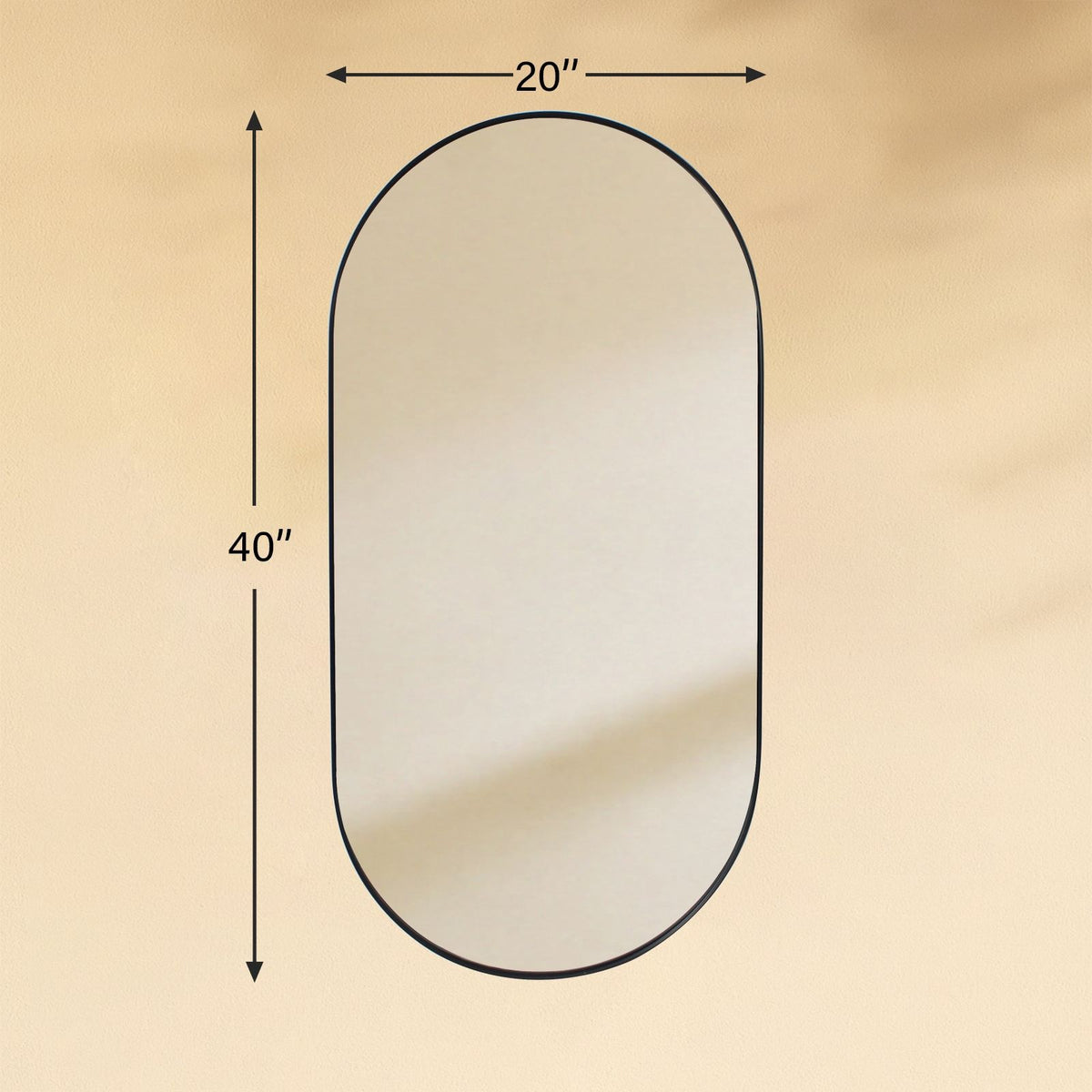 TEHOME Cristos 20x40" Black Mid-century Pill Wall Mirrors Front View Dimension