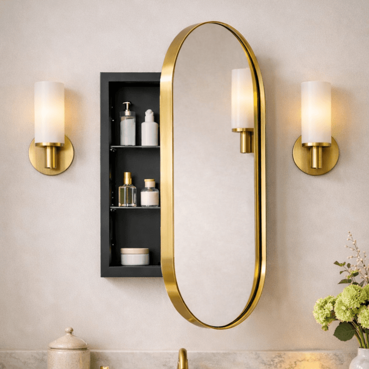 Daisy - Mai Modern Pill Recessed Mount Bathroom Medicine Cabinet with Mirrors GC-00451 Brushed Gold 16x33" TEHOME