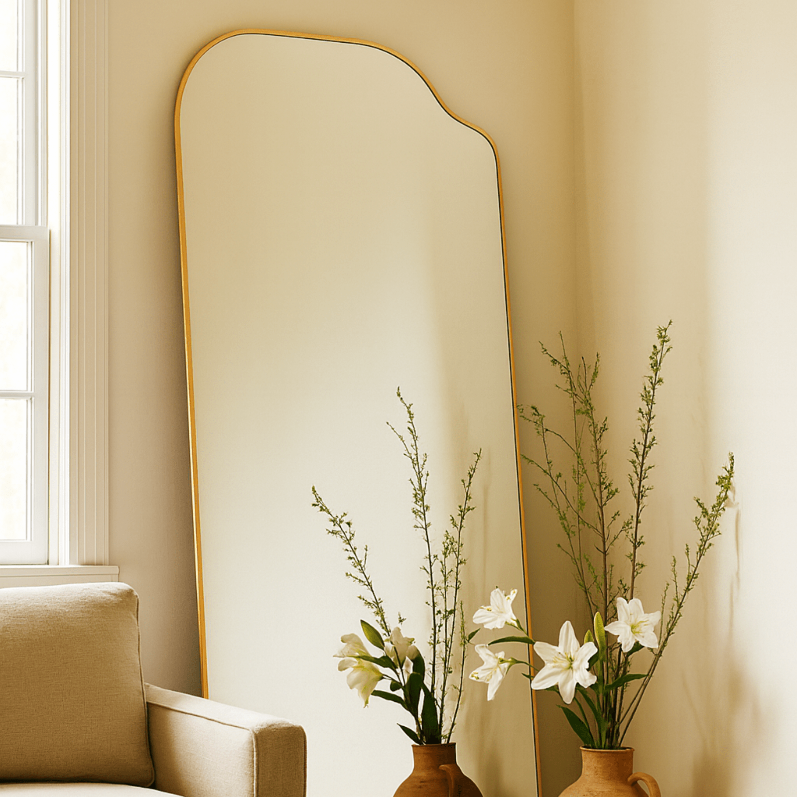 Ellara Modern Irregular Floor Mirrors, 35x65" in Brushed Gold GC-JL0001 Brushed Gold TEHOME