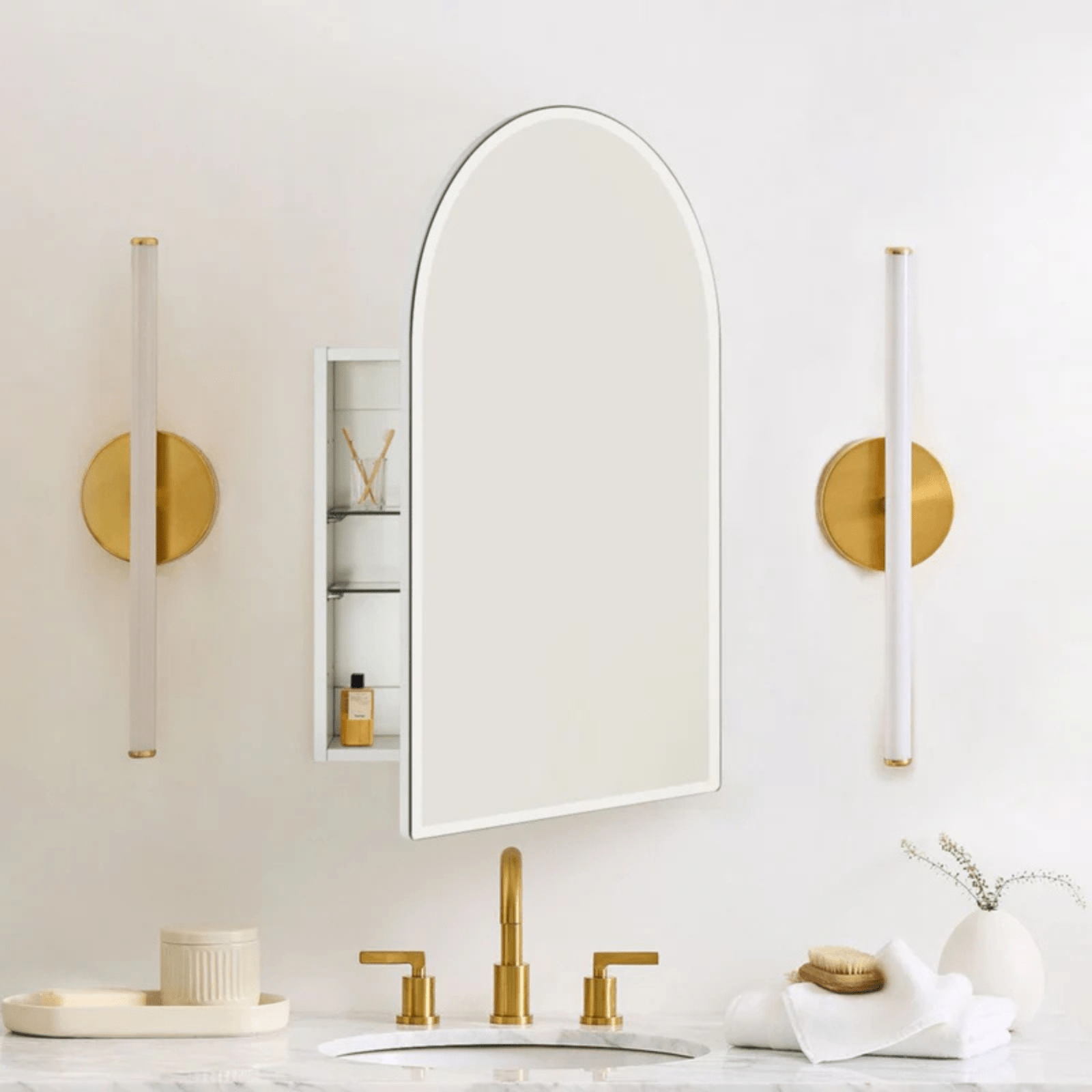 Emra Modern Arch Frameless Recessed and Surface Mount Bathroom Medicine Cabinet with Mirrors GC-TC0021 White 16x28" TEHOME