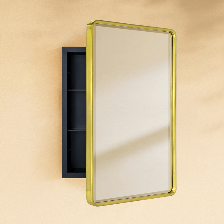 Farmhouse Rectangle Recessed Mount Bathroom Medicine Cabinet with Mirrors GC-00238 Brushed Gold 16x24" TEHOME