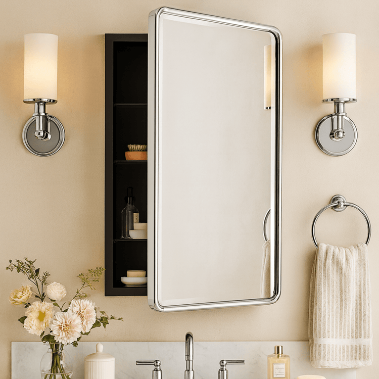 Farmhouse Rectangle Recessed Mount Bathroom Medicine Cabinet with Mirrors GC-00134 Chrome 16x24" TEHOME