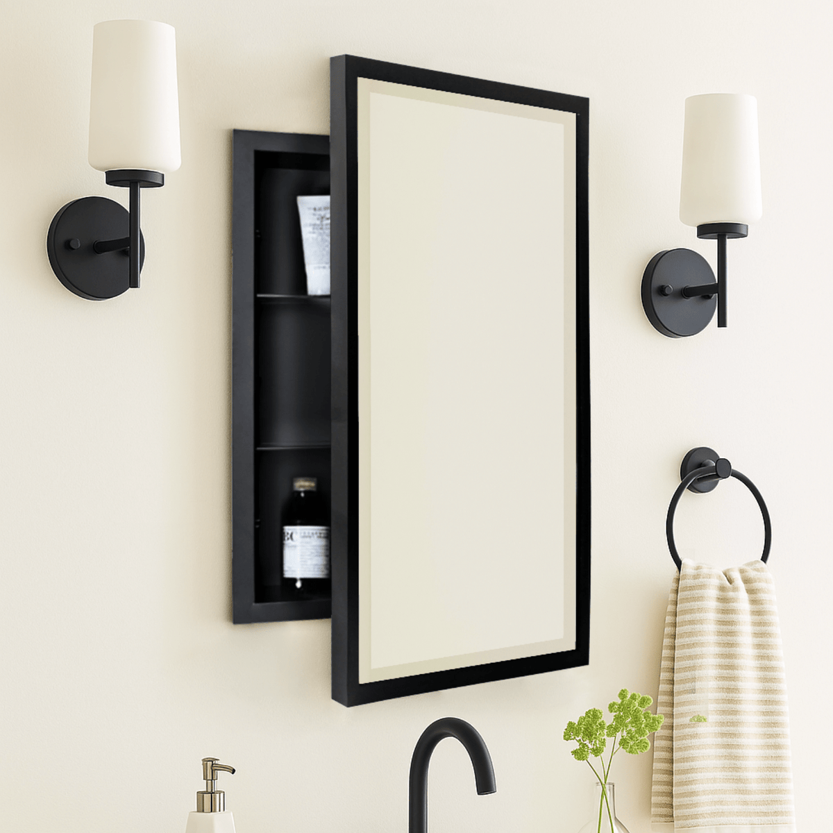 Haddison Modern Rectangle Recessed Mount Bathroom Medicine Cabinet with Mirrors GC-00176 Black 16x24" TEHOME