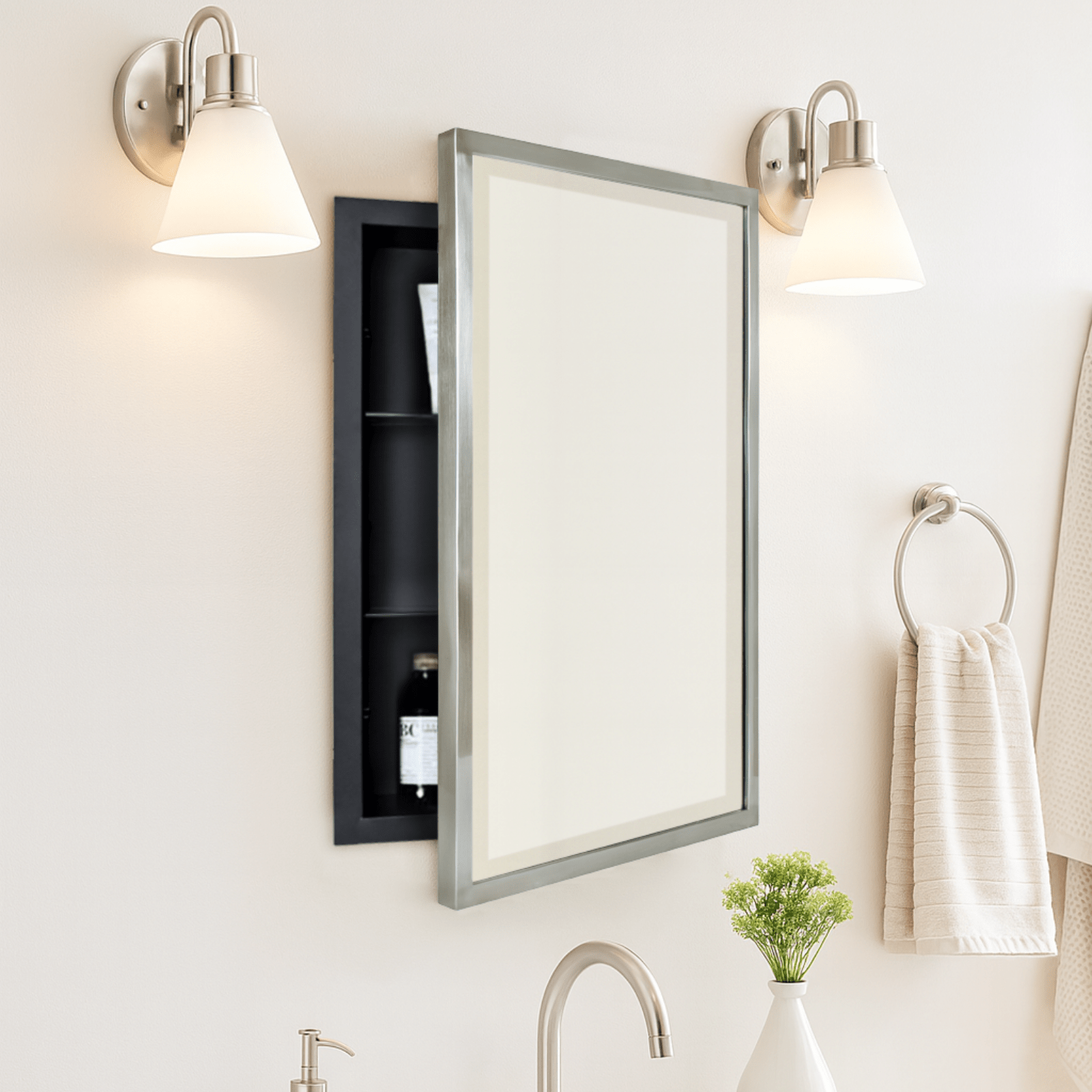 Haddison Modern Rectangle Recessed Mount Bathroom Medicine Cabinet with Mirrors GC-00178 Brushed Gold 16x24" TEHOME