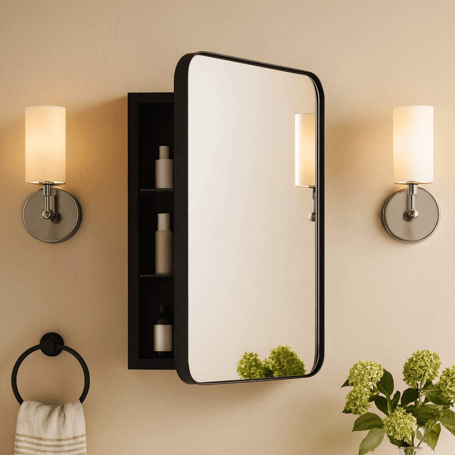 Haslem Modern Rectangle Recessed Mount Bathroom Medicine Cabinet with Mirrors GC-00327 Black 16x24" TEHOME