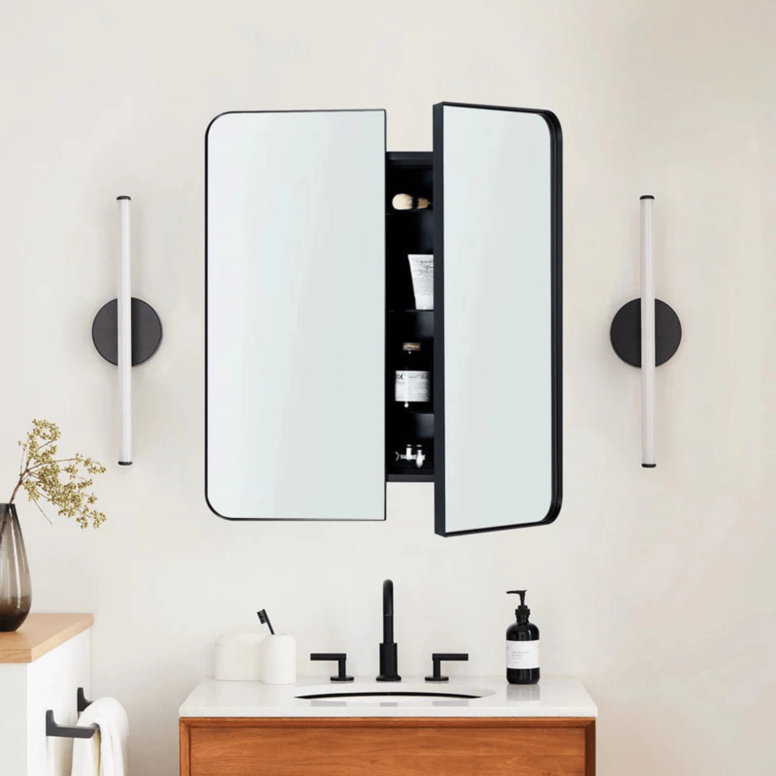 Haxhere Modern Rectangle Recessed and Surface Mount Bathroom Medicine Cabinet with Mirrors, Double Door, 26x30" in Black GC-00563 TEHOME