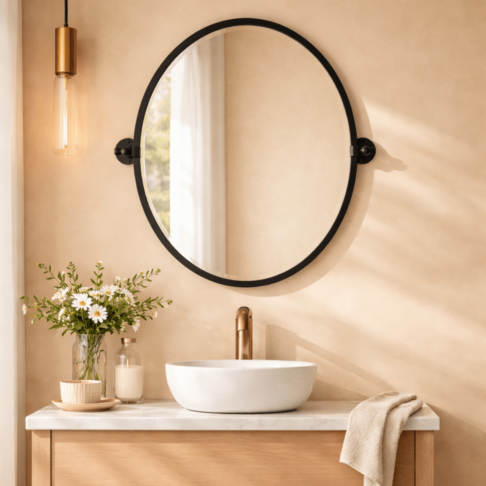 Javel Farmhouse Oval Bathroom Pivot Mirrors, 23x26" in Black GC-00129 TEHOME