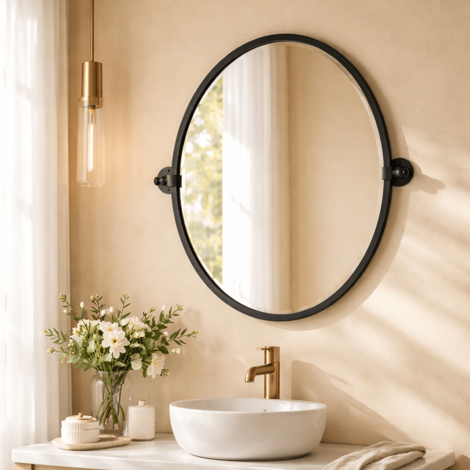 Javel Farmhouse Oval Bathroom Pivot Mirrors, 23x26" in Black GC-00129 TEHOME